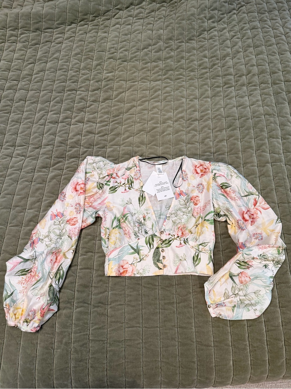H&M Floral V-Neck Cropped Blouse - Pink, Green, Yellow